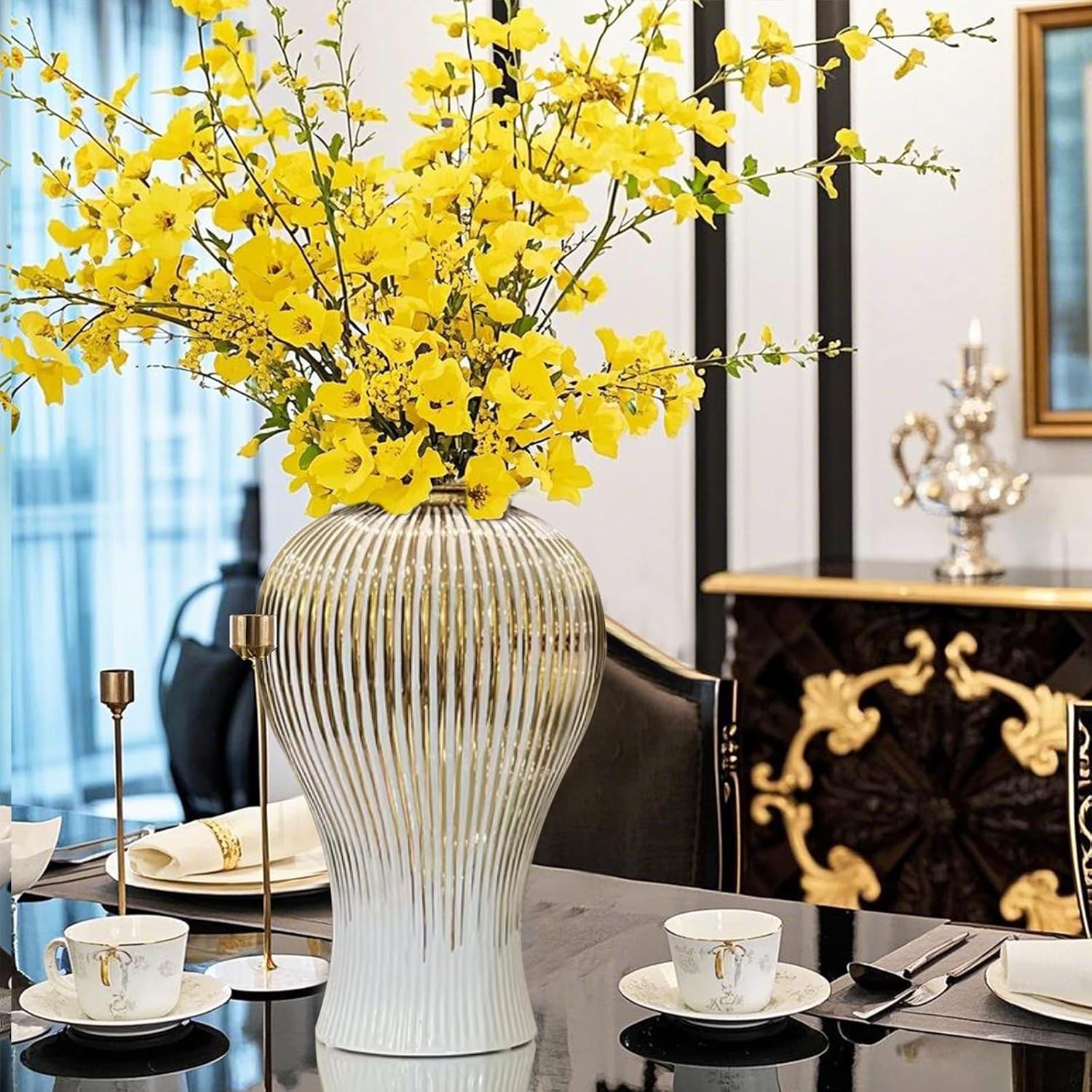 Ginger Jar, White Gold Ceramic Vase Large Handmade Porcelain Vases with Lid, White Gold Decorative Flower Vase for Home, Living Room, Weddings, Centerpieces (B-Medium)-VerdiqueGarden