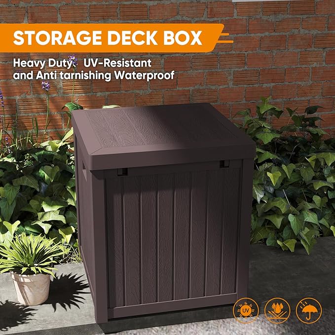 51 Gallon Resin Deck Box, Outdoor Storage Box Waterproof for Patio, Garden, Pool, and Deck, Storage Solution for Cushions, Tools, Delivery Packages, Brown-VerdiqueGarden