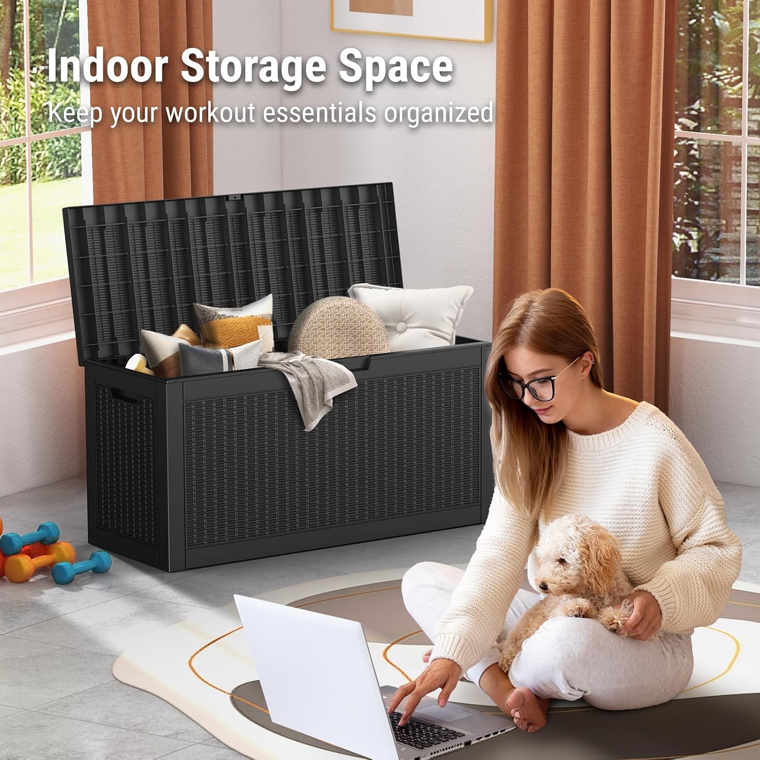 Mars Villa 60 Gallon Deck Box, Outdoor Storage Box Waterproof, Outside Resin Storage Bin for Outdoor Patio Furniture Cushions, Pool Supplies, Garden Tools, UV-Resistant and Weatherproof, Rattan Black-VerdiqueGarden