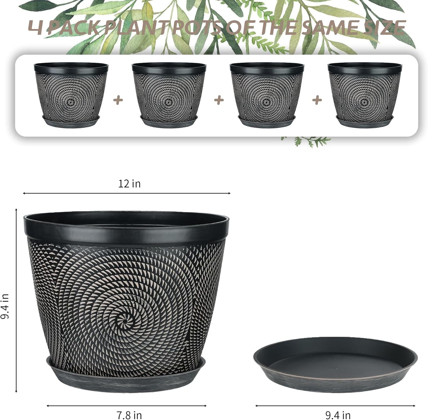 Quarut 12 Inch 4 Pack Large Plant Pots, Plastic Flower Pot for Indoor & Outdoor with Drainage Holes & Saucer, Circle Pattern Planters Garden Pots for Herbs-VerdiqueGarden