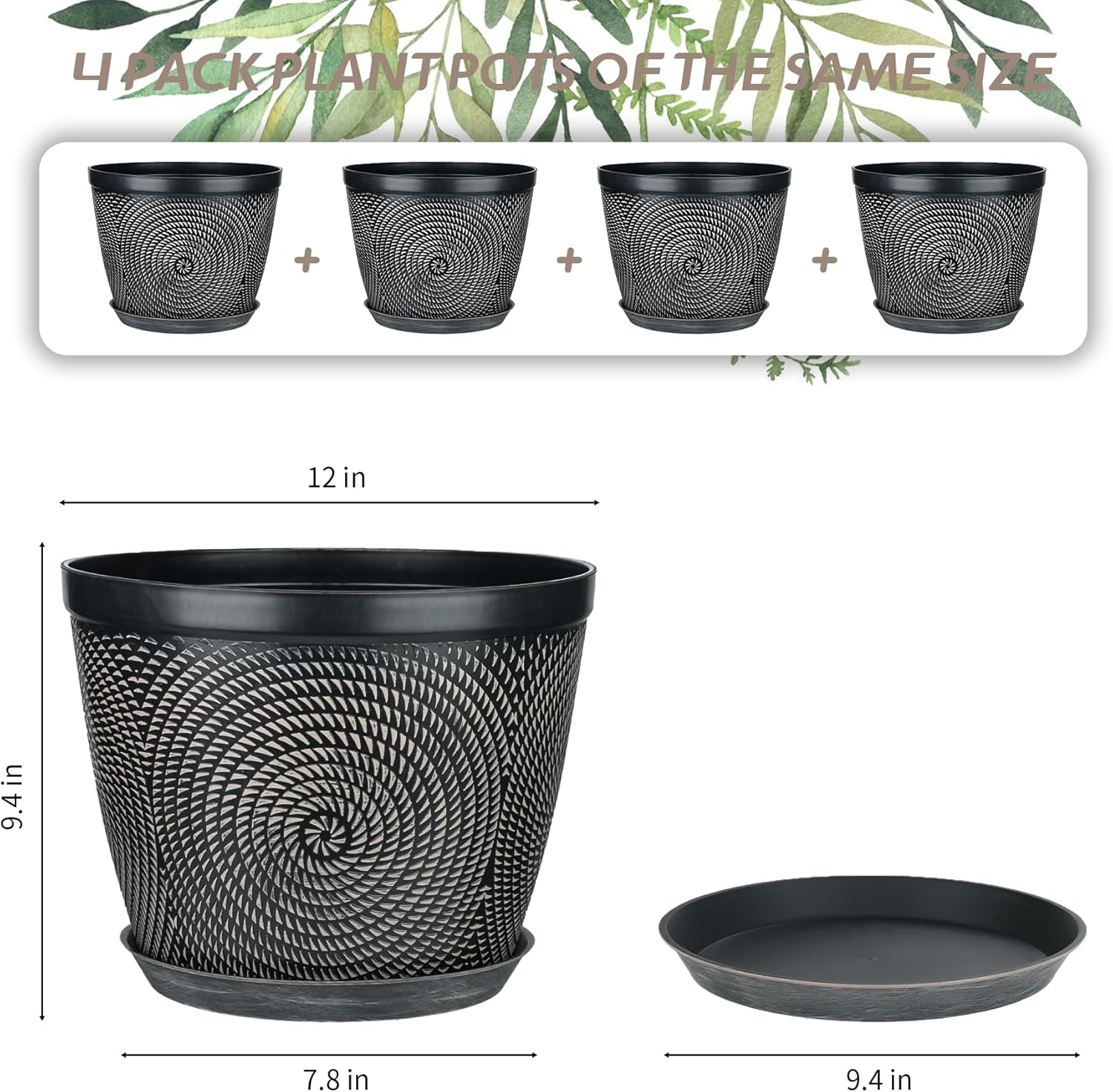 Quarut 12 Inch 4 Pack Large Plant Pots, Plastic Flower Pot for Indoor & Outdoor with Drainage Holes & Saucer, Circle Pattern Planters Garden Pots for Herbs-VerdiqueGarden
