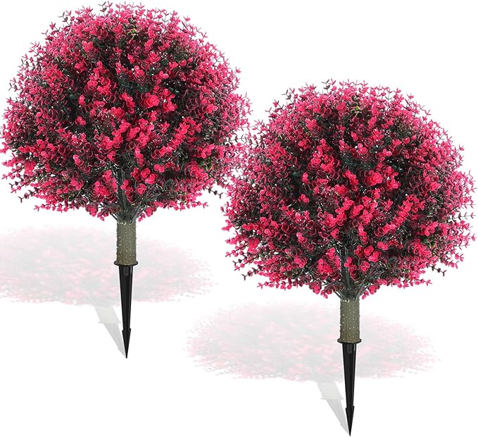 Yunlly 2 Pcs 18 Inch Artificial Boxwood Ball Topiary Tree Fake Outdoor Plants Bush, UV Resistance Faux Shrubs with Spike Realistic Greenery Potted for Indoor Garden Yard Porch Patio Decor (Rose Red)-VerdiqueGarden