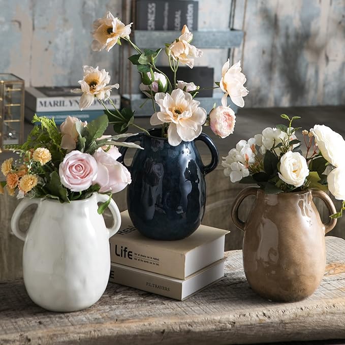 White Ceramic Vase with 2 Handles, Modern Farmhouse Decor, Rustic Terracotta Pottery, Decorative Flower Vases, Clay Small Vase, Centerpiece for Dining Table - 7 Inch Tall-VerdiqueGarden
