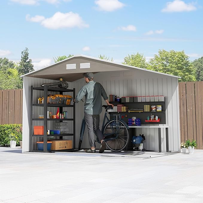 Outsunny 9' x 6' Outdoor Storage Shed, Garden Tool Metal Shed with Foundation Kit, Double Lockable Door, Air Vents and Sloping Roof, for Backyard, Patio, Lawn, Light Brown-VerdiqueGarden
