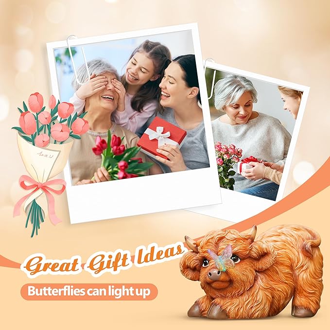 Highland Cow Solar Powered Outdoor Garden Statue, Resin Highland Cow Statue with Solar Light Lantern, Decorative Lawn, Yard Outdoor Highland Cow Decor. Unique home decorations, gifts for women-VerdiqueGarden