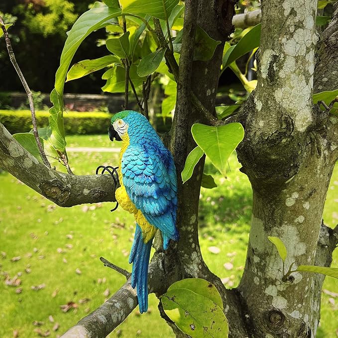 Realistic Parrot Sculpture Resin Hanging Parrots Garden Statues Lifelike Bird Figurines Landscape Ornament Patio Yard Lawn Figurine Tree Decor, Outdoor Garden Wall Statues (Blue)-VerdiqueGarden