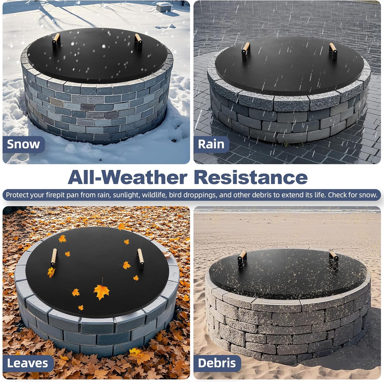 1MORE Fire Pit Lid Round 34" - Metal Firepits Cover with Wooden Handles for Patio Firepits,Rust Resistant 1.5mm Fire Pits Metal Lid, Firepits Accessory, Fire Pits Cover Round, All-season Protective-VerdiqueGarden