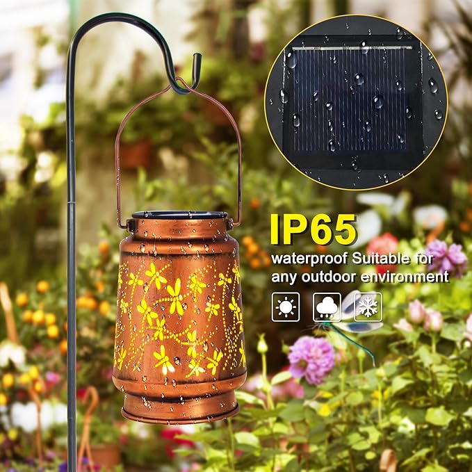 Mothers Day Gifts, 4 Packs Solar Lanterns Outdoor Hanging Lantern Lights, 4 Dragonfly Hollowed-Out Metal Decor Lantern, Waterproof LED Decorative Garden Light Gifts-VerdiqueGarden