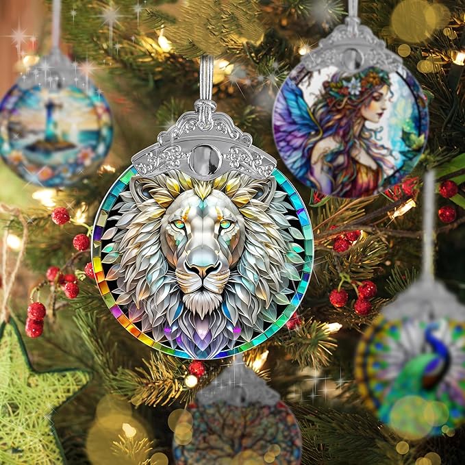 Stained Glass Suncatcher, Jocidea Lion Ornament, Christmas Ornaments, Holidays Ornaments, Christmas Tree Decor, Lion Decor for Home, Lion Gifts-VerdiqueGarden