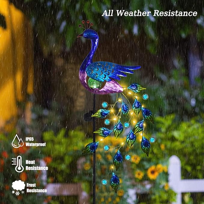 DREAMSOUL Peacock Solar Garden Lights Outdoor Decorative Stake, Waterproof Metal Peacock Garden Decor Solar Powered Landscape LED Path Lights Walkway Patio Decoration Lawn Ornament Christmas Gifts-VerdiqueGarden