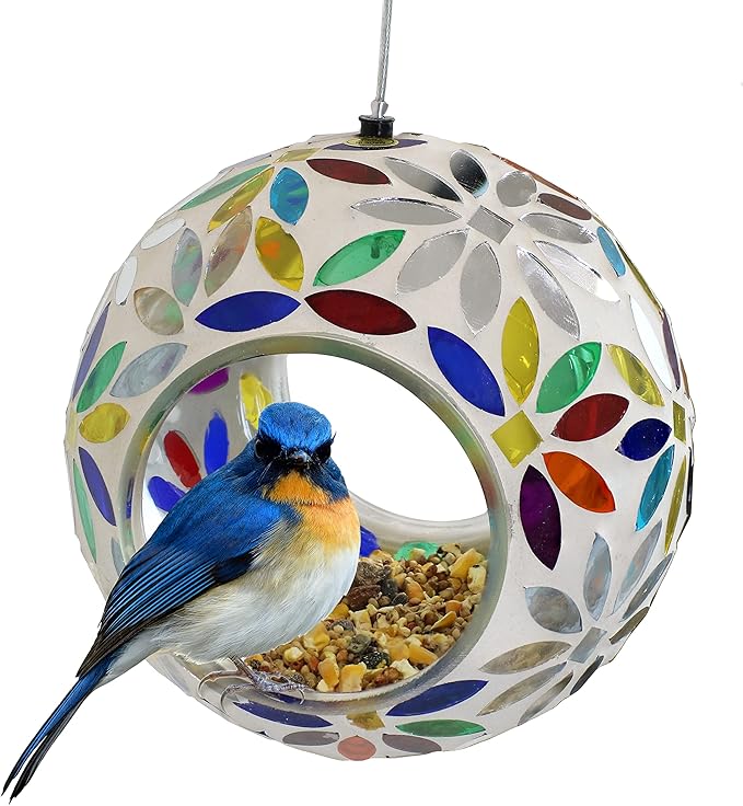 Sunnydaze 6-Inch Glass Mosaic Hanging Bird Feeder for Outdoors - Fly-Through Wild Bird Feeder - Rainbow Daisies-VerdiqueGarden