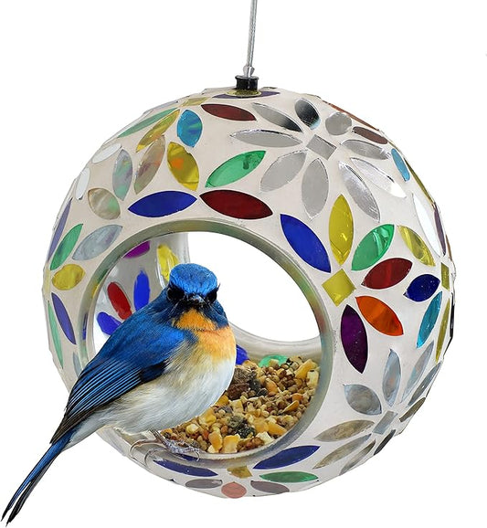 Sunnydaze 6-Inch Glass Mosaic Hanging Bird Feeder for Outdoors - Fly-Through Wild Bird Feeder - Rainbow Daisies-VerdiqueGarden