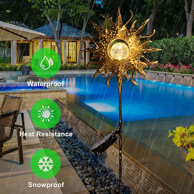 HOMEIMPRO Large Sun Solar Garden Decor Lights Outdoor Garden Gifts Mom Dad, Crackle Glass Metal Stake,Yard Decorations, Waterproof LED Lights for Lawn Patio Ornaments, Mothers Day Gifts for Women-VerdiqueGarden