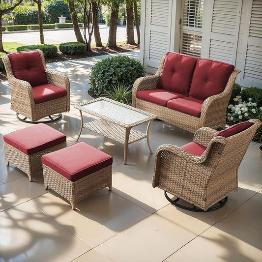 Outdoor Wicker Patio Furniture Set - 6 Piece Rattan Patio Conversation Set with 2 Rocking Swivel Chairs,2 Ottomans,1 Loveseat and 1 Coffee Table for Porch Deck Backyard Garden(Yellow/Red)-VerdiqueGarden