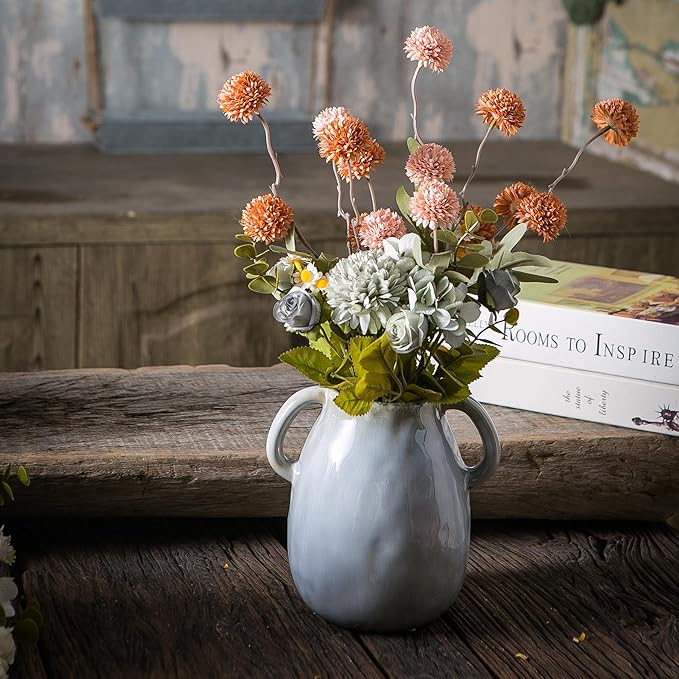 Gray Ceramic Vase with 2 Handles, Modern Farmhouse Decor, Rustic Terracotta Pottery, Decorative Flower Vases, Clay Small Vase, Centerpiece for Dining Table - 7 Inch Tall-VerdiqueGarden