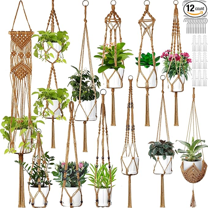 Hoteam 12 Pcs Macrame Plant Hangers Macrame Hanging Planters for Indoor Plants Handmade Boho Hanging Baskets Flower Pots Holder for Outdoor Home Wall Decor-VerdiqueGarden
