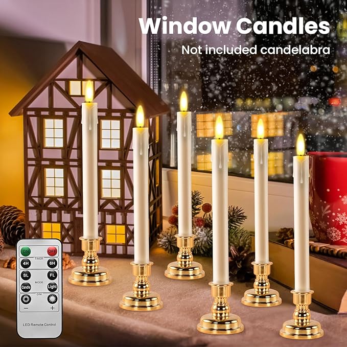 JOSU 6 Pack Flameless Candles with Remote Control Timer, Flickering LED Taper Candles Battery Operated, Christmas Window Light for Candleholder for Home Decor Thanksgiving Wedding Decoration-VerdiqueGarden