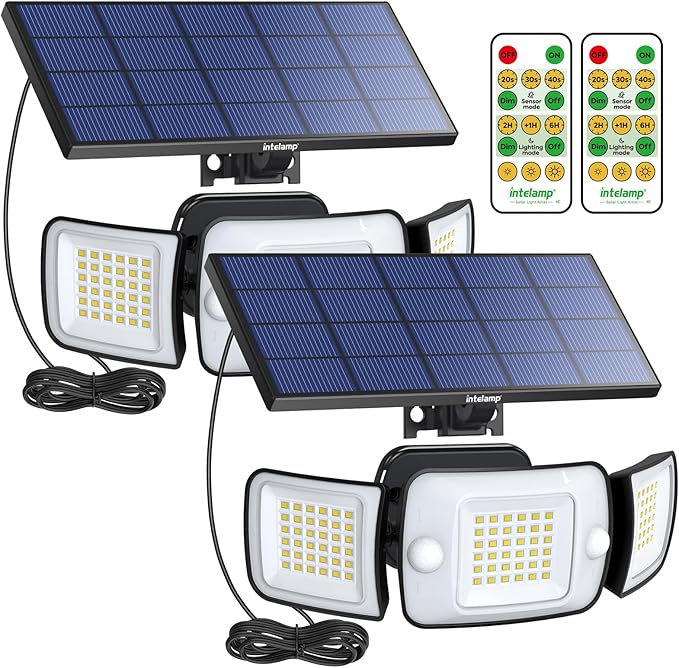 intelamp Solar Flood Lights Outdoor Waterproof, 2 Pack 6000mAh 1200LM Solar Powered Dual Motion Sensor LED Lighting Dusk to Dawn Security Floodlight Exterior with Remote 9.8ft Cable for Garden House-VerdiqueGarden