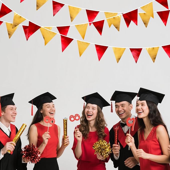 Red Gold Party Decorations Metallic Fabric Triangle Pennant Banner Flag Bunting Garland for Graduation Birthday Wedding Bachelorette Anniversary Baby Shower Christmas Holiday New Year Party Supplies-VerdiqueGarden
