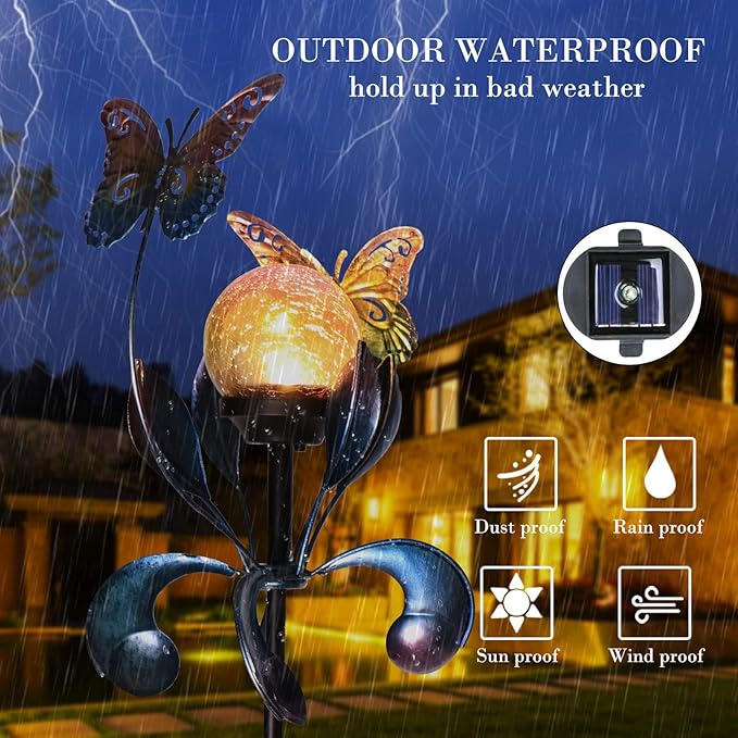 VCUTEKA Solar Lights Outdoor Metal Garden Stake Waterproof Crackle Glass Globe Garden Decor Butterfly for Pathway, Lawn, Patio, Yard-VerdiqueGarden