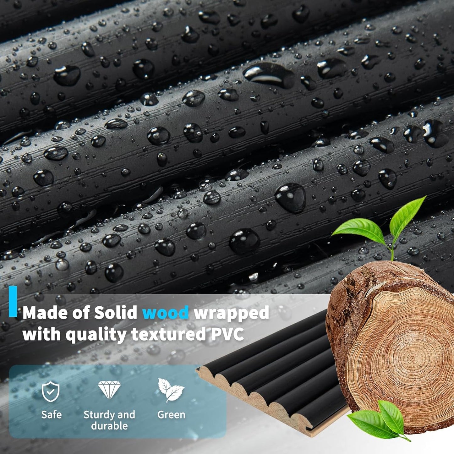 Art3d Fluted Wood Panel for Wall and Ceiling, Beaded Accent molding for Home Decoration, Pack of 4pcs + 1pc End-Trim, Size 108 x 5.7in.- Beaded Black-VerdiqueGarden