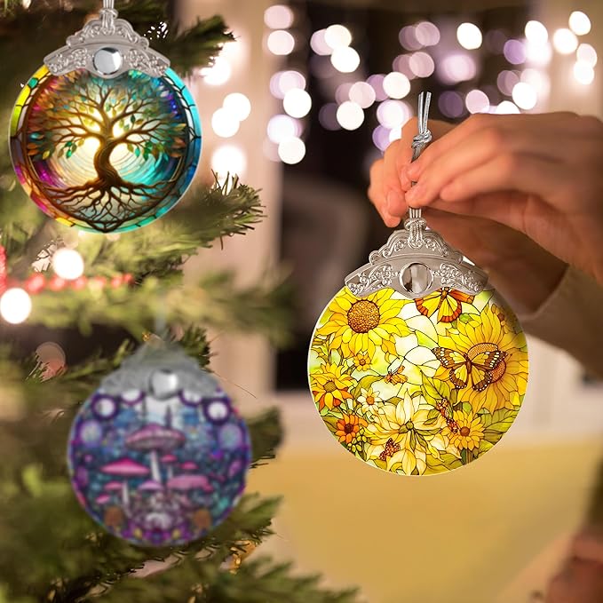 Stained Glass Suncatcher, Jocidea Sunflower and Butterfly Decor, Christmas Ornament, Holidays Ornaments, Christmas Tree Ornament, Sunflower and Butterfly Gifts-VerdiqueGarden