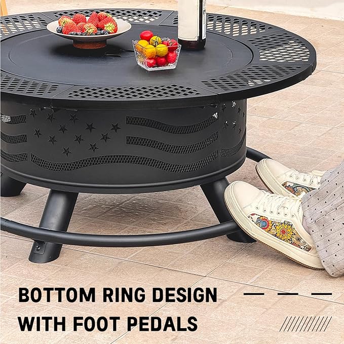 36 Inch Fire Pit with 2 Cooking Grates, Outdoor Wood Burning BBQ Grill Firepit Bowl with Cover Lid, Steel Round Table for Backyard Bonfire Patio Picnic (Black, 36IN)-VerdiqueGarden