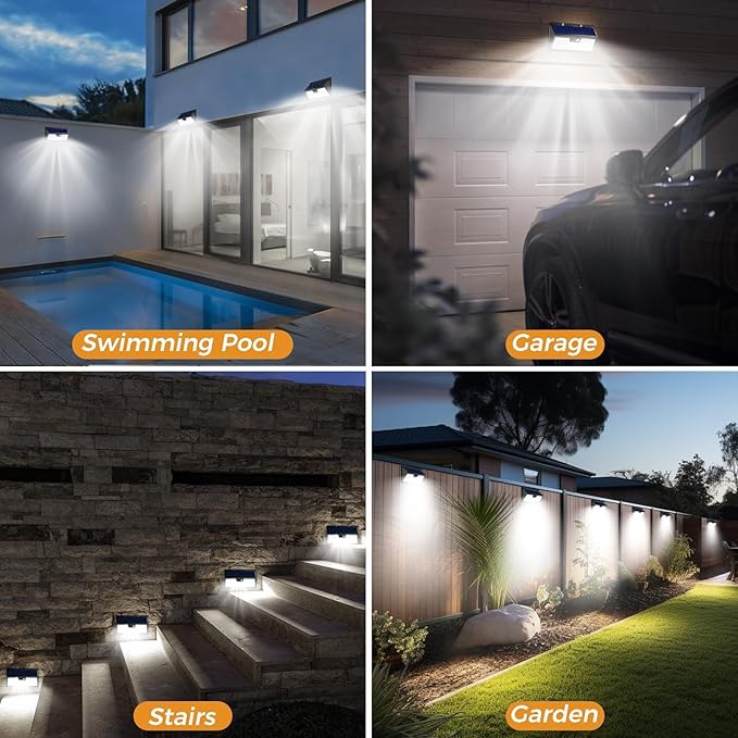 4 Pack Solar Lights Outdoor Motion Sensor, 318 LED Waterproof Fence Light with 3 Lighting Mode, Cool White LED Deck Light for Outside Wall Yard Chichen CoopGarden-VerdiqueGarden