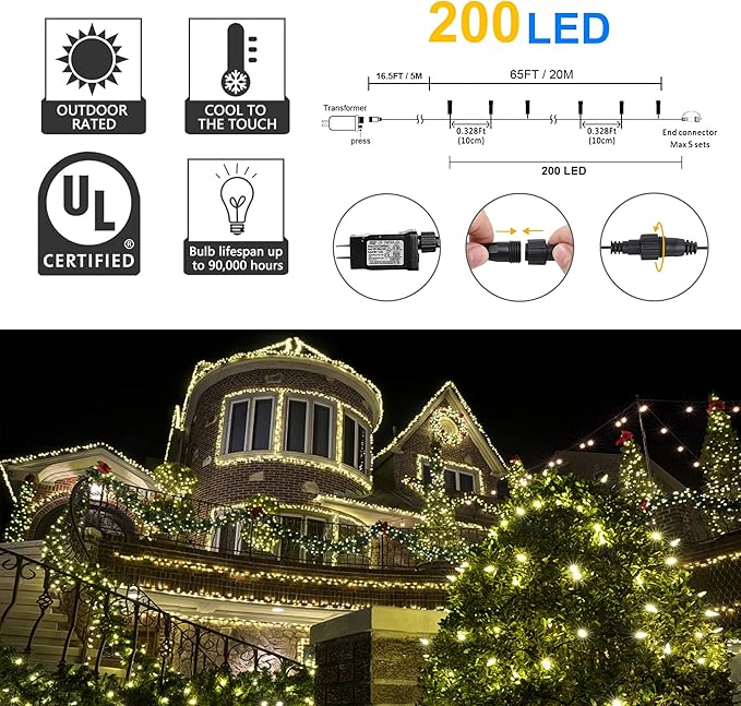 weillsnow 66 FT 200 LED Warm White Christmas Lights,Plug in Waterproof String Lights,8 Lighting Modes with Memory for Outdoor Indoor Garden Tree Christmas Party Decorations(Warm White)-VerdiqueGarden