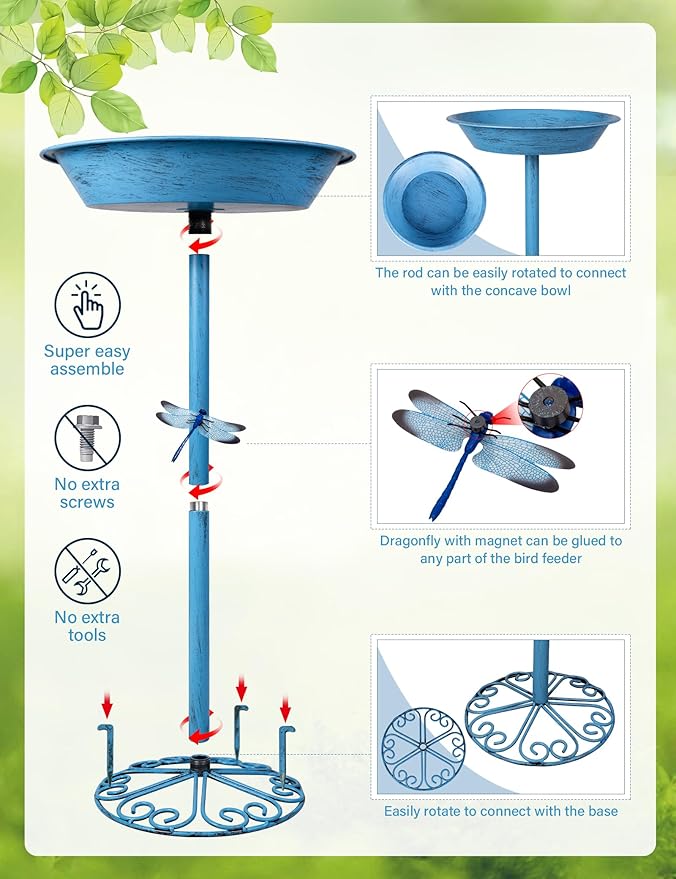 Bird Baths for Outdoors 25.5 Inch Height Outdoor Garden Bird Feeder Metal Birdbath with Dragonfly for Garden Yard and Lawn Decoration,Blue-VerdiqueGarden
