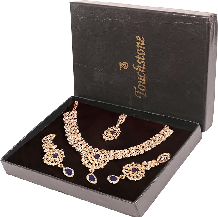 Touchstone Indian jewelry sets for women gold wedding tikka necklace set guest costume fancy bridal jewellery rhinestone crystal elegant formal prom evening wear dainty accessories