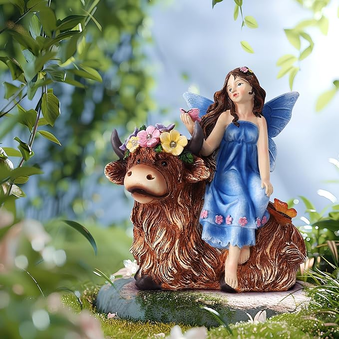 Solar Angel Garden Statue - Garden Fairy Sitting on a Highland Cow with Flowers, Butterflies and 5 LED Lights - Decorate Table, Terrace, Lawn, Birthdays, Grandma, mom-VerdiqueGarden