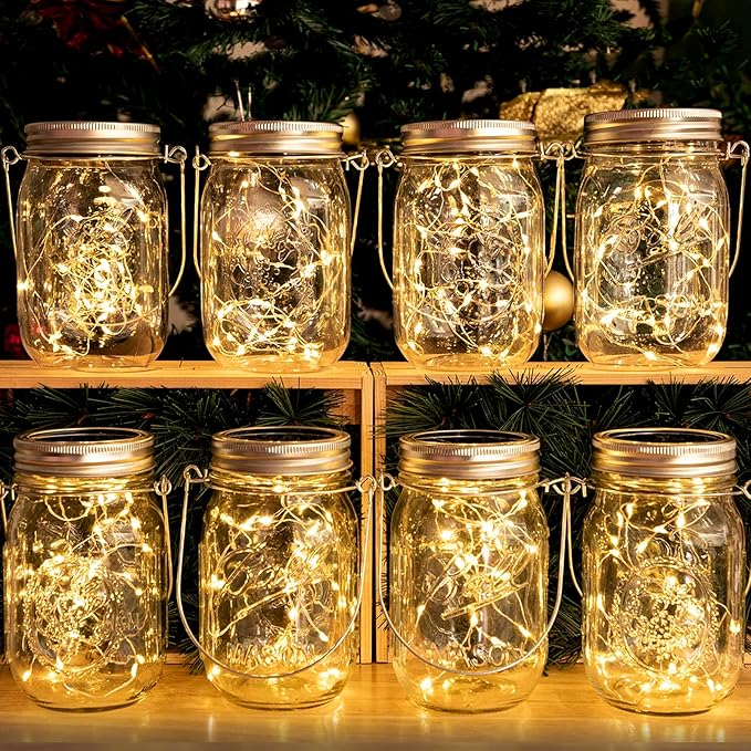 HXWEIYE 8 Pack Solar Mason Jar Lights Lanterns,Jars & Hangers Included，30LED Waterproof Hanging Outdoor Fairy Lights for Patio Garden Porch Yard Backyard Balcony Wedding(Warm White)-VerdiqueGarden