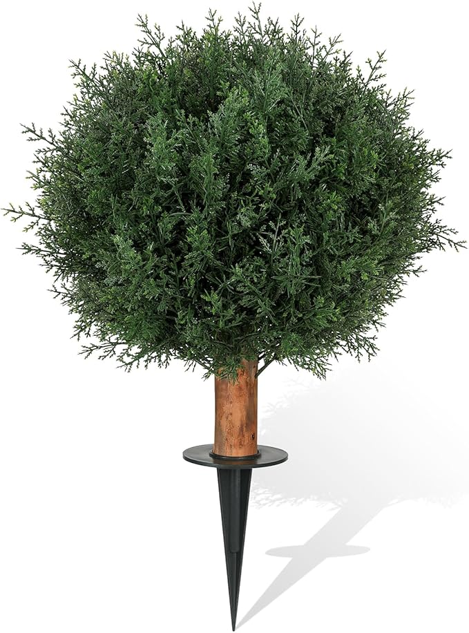 Artificial Cedar Shrubs Ball Trees with Ground Spike, 24.6 inche Tall UV-Resistant Fake Outdoor Plants Evergreen Trees, Realistic Faux Pine Bushes for Front Porch Home Patio Garden, 1 Pcs-VerdiqueGarden