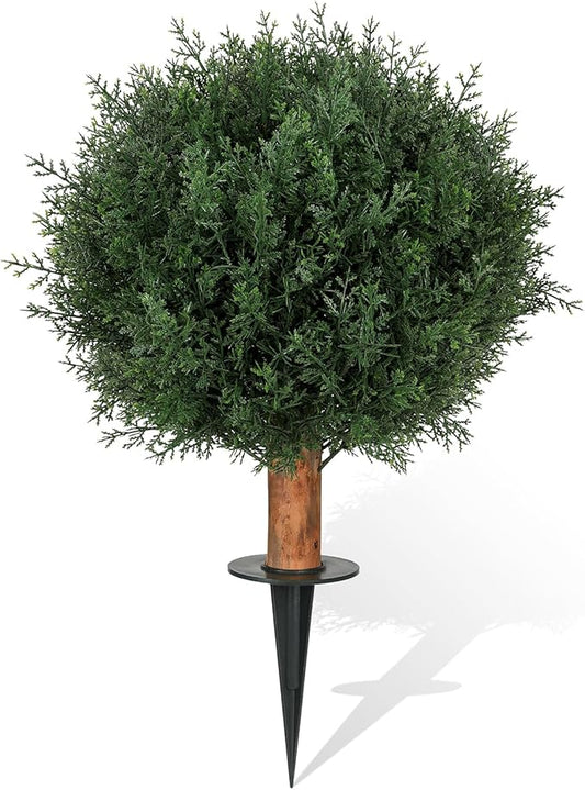 Artificial Cedar Shrubs Ball Trees with Ground Spike, 24.6 inche Tall UV-Resistant Fake Outdoor Plants Evergreen Trees, Realistic Faux Pine Bushes for Front Porch Home Patio Garden, 1 Pcs-VerdiqueGarden