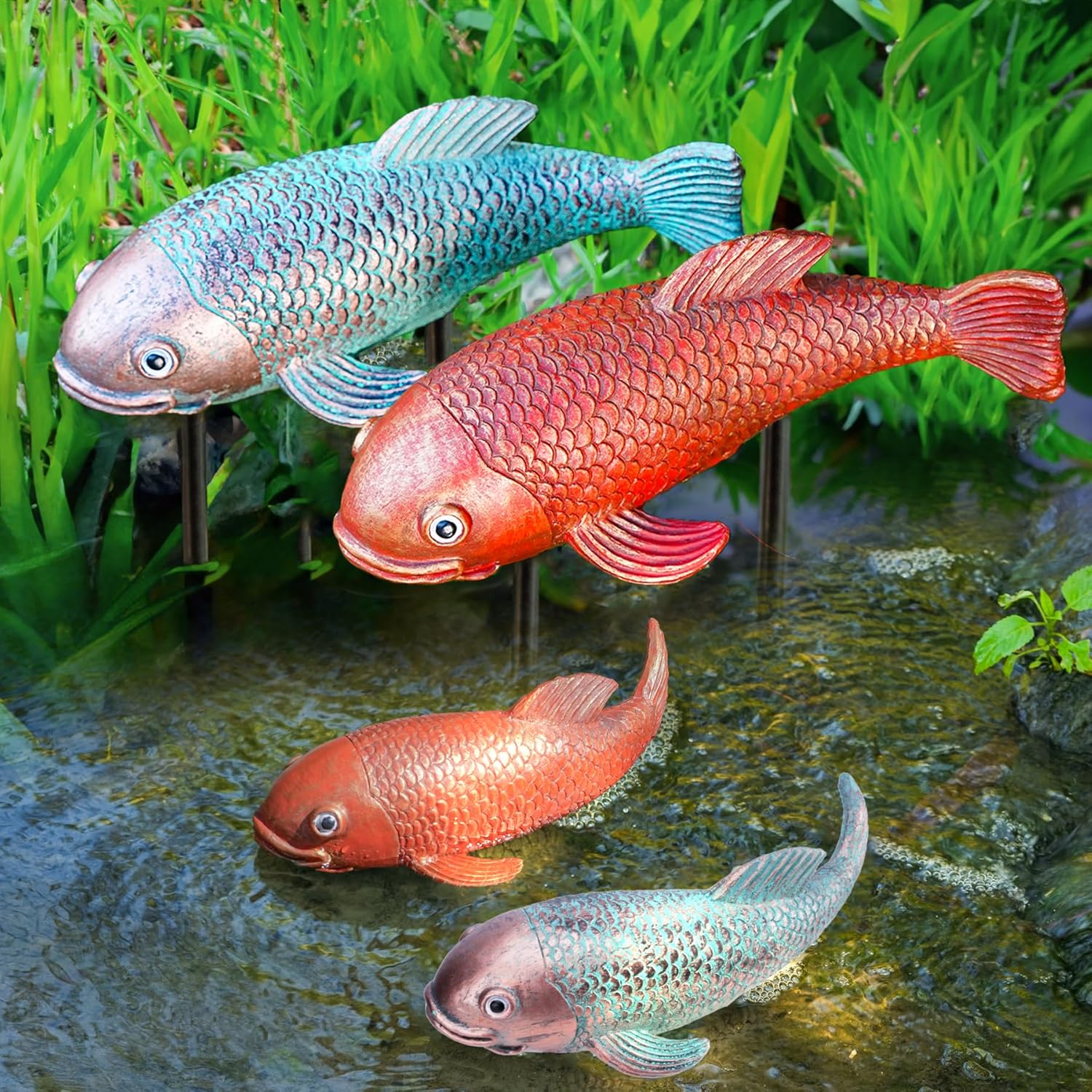 10.8" Resin Koi Pond Kit, 2Pcs Antique Koi Fish Garden Statues, Yard Pond Decor, Large Outdoor Statues Ornaments, Real Fish Sculpture Art, Garden for Outdoors-VerdiqueGarden