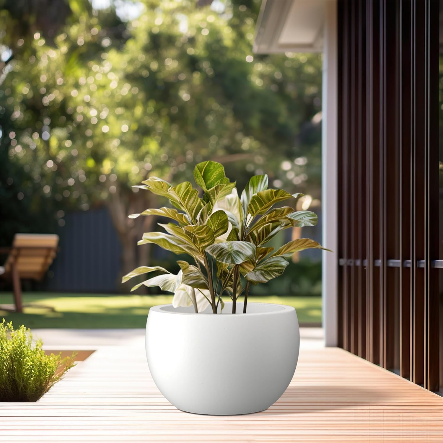 Kante 11.8" Dia Round Concrete Planter, Outdoor/Indoor Large Bowl Plant Pots with Drainage Hole and Rubber Plug for Garden Patio Balcony Home, Pure White-VerdiqueGarden