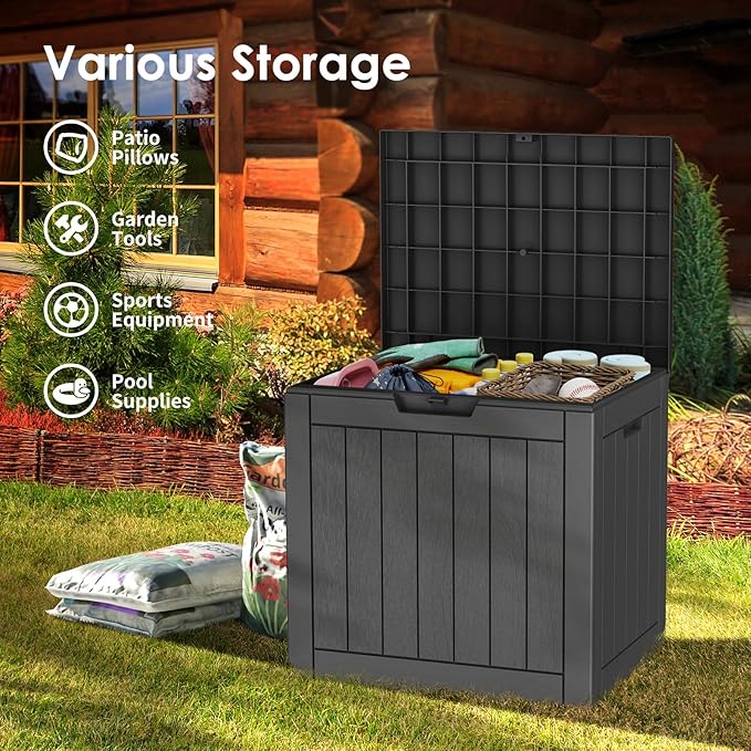 35 Gallon Lockable Resin Deck Box, Waterproof & UV-Resistant Outdoor Storage Box for Outdoor Cushion Storage, Garden Tools & Pool Accessories Storage, Black-VerdiqueGarden