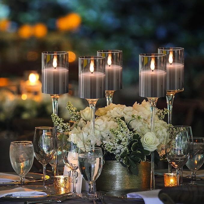 6Pack Glass Flickering Flameless Candles with Remote, 2"X3" Real Wax Votive Candles Battery Operated, Small Electric LED Candles for Wedding Home Decor, w/4 Timers+2 Lighting Modes [Gray]-VerdiqueGarden