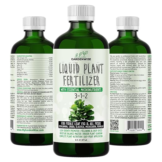 3-1-2 Liquid Fertilizer Concentrate with Micronutrients - Optimal Fiddle Leaf Fig Plant Food, Ideal for Ficus Lyrata & Fig Trees, Gold Leaf Enhanced Indoor Plant Fertilizer (8 OZ)-VerdiqueGarden