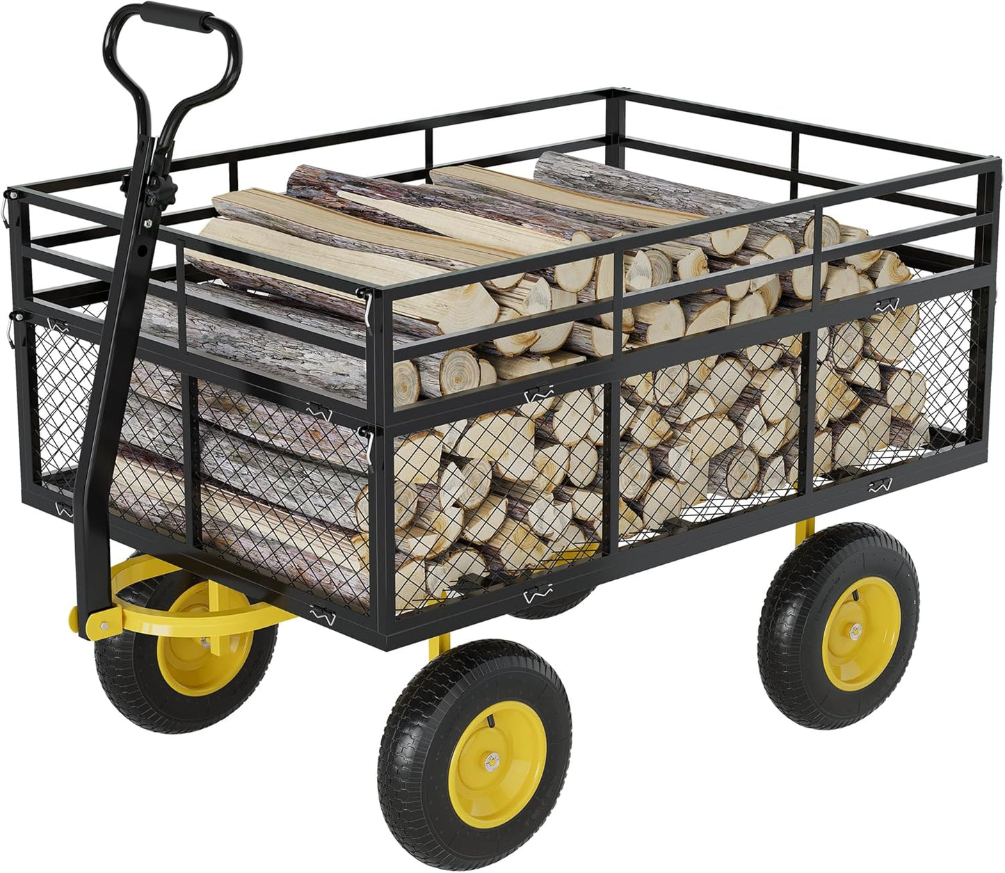 3-in-1 Heavy-Duty Steel Garden Cart, 1400 Lbs Garden Wagon, with 13 Inch All-Terrain Tires and Removable Mesh Side Panels, 180° Rotating Handle, Metal Utility Yard Trailer, Outdoor Gardens Wagon Cart-VerdiqueGarden