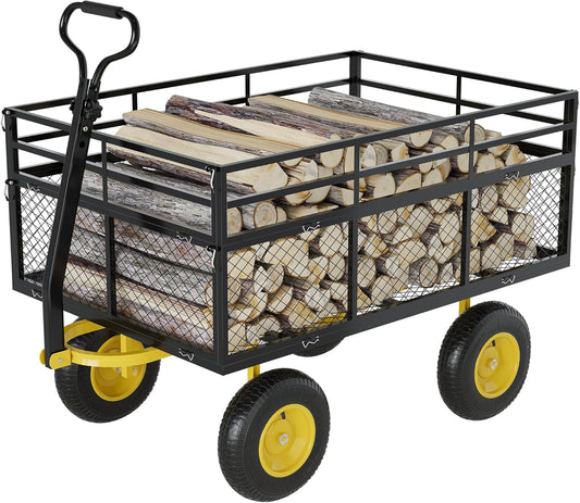 3-in-1 Heavy-Duty Steel Garden Cart, 1400 Lbs Garden Wagon, with 13 Inch All-Terrain Tires and Removable Mesh Side Panels, 180° Rotating Handle, Metal Utility Yard Trailer, Outdoor Gardens Wagon Cart-VerdiqueGarden