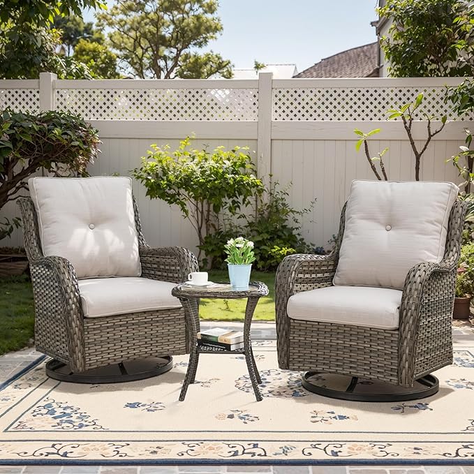 3 PCS Patio Furniture Set - Mixed Grey Wicker Swivel Rocking Chairs with Side Table, Furniture Set for Outdoor-VerdiqueGarden