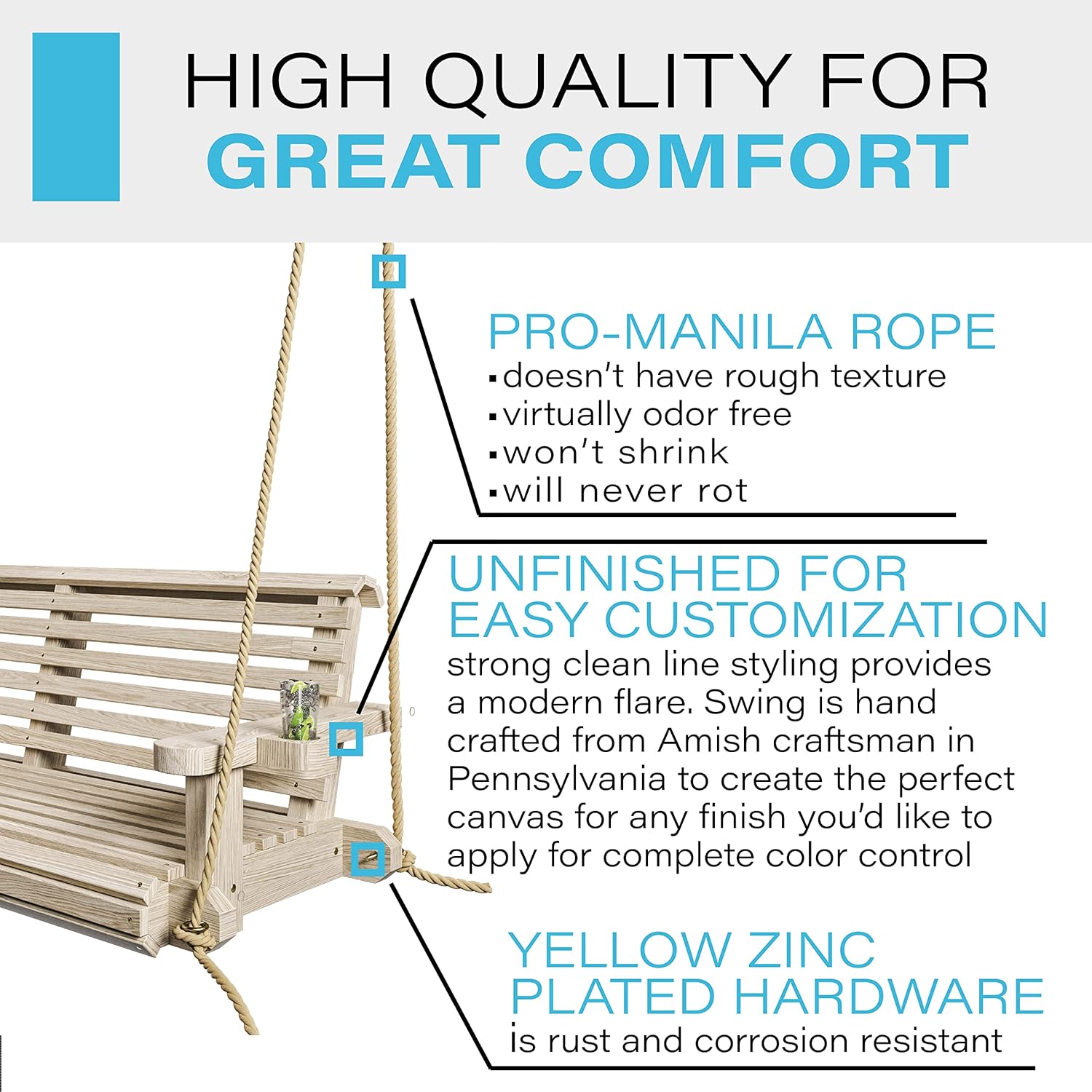 Porchgate Amish Heavy Duty 800 Lb Roll Comfort Treated Porch Swing W/Ropes (5 Foot, Unfinished)-VerdiqueGarden