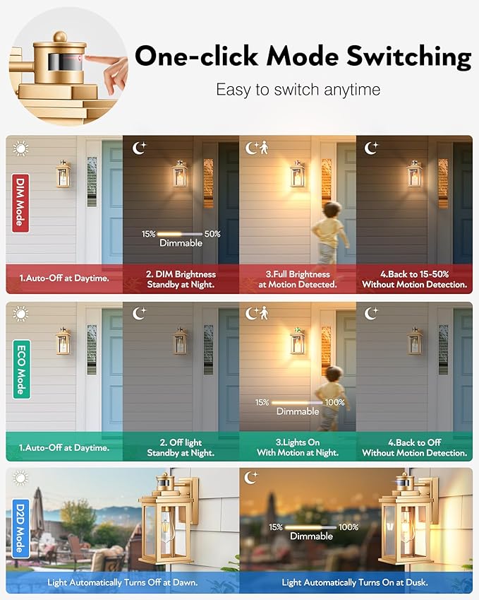 VIANIS Motion Sensor Exterior Lights for House, Dusk to Dawn Outdoor Light Fixture Lantern, Gold Waterproof Outdoor Motion Sensor Light for House, Doorway, Entryway, Garden, Hardwired, Non-Solar-VerdiqueGarden