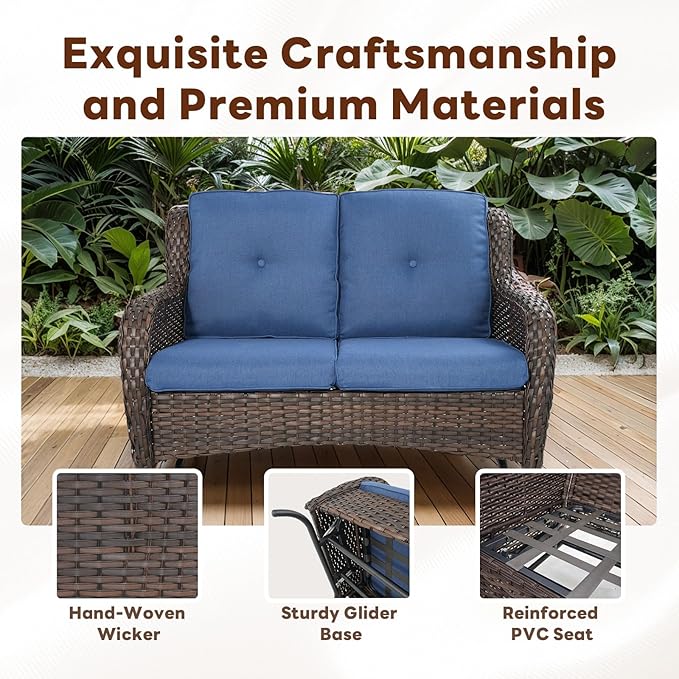 5 Piece Outdoor Patio Furniture Set - Outdoor Conversation Couch and Loveseat Glider Chair Furniture Set with Rattan Coffee Table for Deck Balcony Poolside Brown Wicker/Blue Cushions-VerdiqueGarden