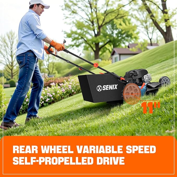 SENIX LSSG-H2 22-Inch Self Propelled Gas Lawn Mower with 163 cc 4-Cycle Engine, 3-in-1 Rear Wheel Drive Variable Speed Lawnmower, 6-Position Height Adjustment-VerdiqueGarden