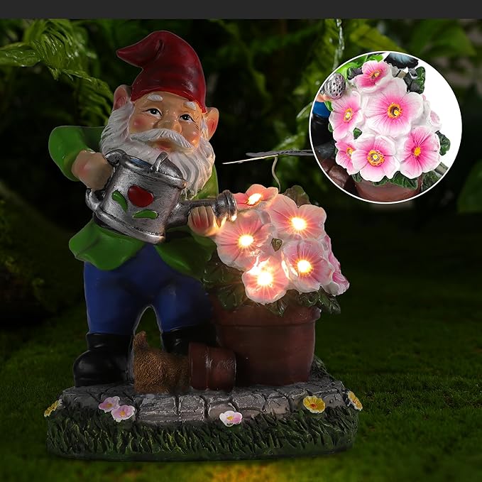Gnome Figurine Garden Decor, Solar Resin Gnomes Outdoor Statue, Funny Gnome Gift Sculpture Decoration for Home Patio Yard Lawn Porch Ornament-VerdiqueGarden