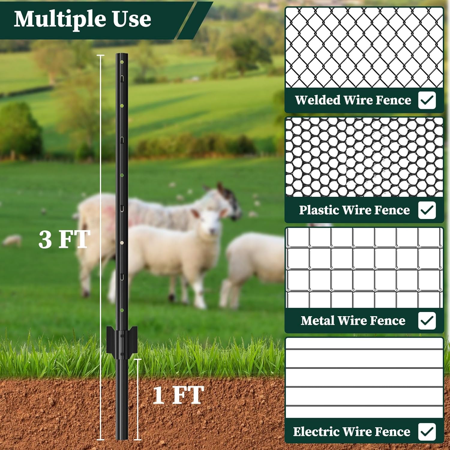 20 Pack Garden Fence Post, 3 Feet Heavy Duty Metal U-Post for Wire Fence, No Dig Garden Fence Stakes for Temporary Fencing, Electric Fence Wire, Corner Anchor, and More-Black-VerdiqueGarden