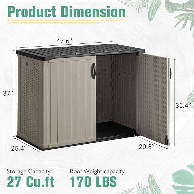 Greesum Outdoor Horizontal Storage Sheds 27 Cu.ft Resin Large Storaged Box Weather Resistance, Without Shelf, Easy to Assemble, Prefect for Garden, Patios, Backyards, Beige-VerdiqueGarden